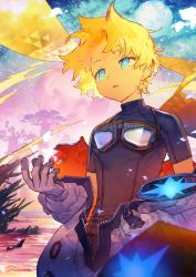 Rule 34 | 1boy, baggy clothes, blonde hair, blue eyes, bright pupils, fate/grand order, fate/requiem, fate (series), full body, glowing, glowing eyes, goggles, goggles around neck, gradient background, gradient hair, male focus, multicolored hair, noco (adamas), official art, open hand, open mouth, parted bangs, planet, scarf, short sleeves, sky, solo, space, star (sky), star (symbol), starry background, starry sky, tree, voyager (fate), voyager (third ascension) (fate), water, yellow scarf