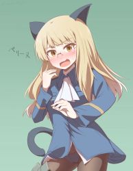 Rule 34 | 1girl, animal ears, black panties, blonde hair, blush, cat ears, cat tail, crotch seam, giorgio claes, glasses, highres, long hair, looking at viewer, military, open mouth, panties, panties under pantyhose, pantyhose, perrine h. clostermann, solo, strike witches, striker unit, sweatdrop, tail, underwear, wavy mouth, world witches series, yellow eyes