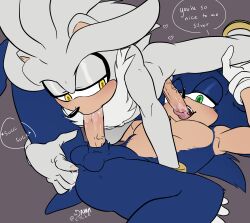 Rule 34 | 2boys, 69, absurdres, anal fingering, armpits, ass juice, blue hair, drooling, fellatio, fingering, furry, furry male, furry with furry, gloves, green eyes, highres, multiple boys, oral, silver the hedgehog, sonic (series), sonic the hedgehog, tail, testicles, toned, toned male, toodamncycle, white hair, yaoi, yellow eyes