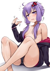 Rule 34 | 1girl, absurdres, afterimage, ahoge, bare legs, black jacket, black panties, blush, breasts, cameltoe, collarbone, convenient censoring, crossed ankles, fanning self, feet out of frame, flying sweatdrops, frown, hair censor, hair ornament, hair over breasts, hair tubes, highres, hot, jacket, knees up, long sleeves, nail polish, no pants, off shoulder, open clothes, open jacket, open mouth, panties, partially visible vulva, purple eyes, purple hair, purple nails, short hair with long locks, sidelocks, simple background, sitting, small breasts, solo, sweat, tenneko yuuri, topless, translation request, underwear, voiceroid, white background, yuzuki yukari