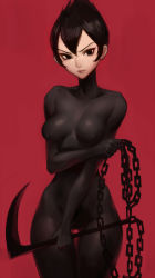 Rule 34 | 1girl, ashi (samurai jack), black eyes, black hair, bodypaint, breasts, chain, collarbone, covered erect nipples, gluteal fold, highres, kusarigama, looking at viewer, medium breasts, oopartz yang, painted clothes, red background, samurai jack, short hair, sickle, simple background, solo, standing, thigh gap, weapon, widow&#039;s peak