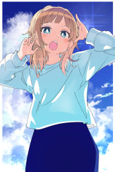 Rule 34 | 1girl, blue eyes, blue skirt, blue sky, bright pupils, brown hair, cloud, commentary request, copyright request, day, ixy, long sleeves, looking at viewer, open mouth, shirt, short hair, skirt, sky, solo, teeth, upper teeth only, white pupils, white shirt