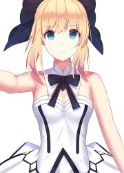 Rule 34 | 1girl, artoria pendragon (fate), bare arms, bare shoulders, black ribbon, blonde hair, bow, breasts, crying, crying with eyes open, detached collar, fate/grand order, fate (series), hair bow, highres, medium breasts, ribbon, saber (fate), saber lily, short hair, smile, solo, tears, unscpro, white background