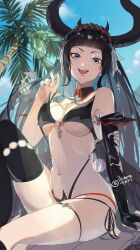 Rule 34 | 1girl, :d, bikini, black bikini, black gloves, black hair, blue sky, blunt bangs, breasts, clothes pull, commentary request, demon horns, demon tail, elbow gloves, fangs, feathered wings, frilled hairband, frills, gloves, granblue fantasy, green eyes, hairband, highleg, highleg bikini, highres, horns, ikenotori, knee up, large breasts, long hair, looking at viewer, magus (granblue fantasy), multi-strapped bikini bottom, navel, open mouth, outdoors, palm tree, pulled by self, single elbow glove, single thighhigh, sitting, sky, smile, solo, swimsuit, tail, thighhighs, tree, twitter username, wings