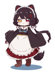Rule 34 | 1girl, :3, animal ears, apron, black hair, black kimono, blush, boots, brown eyes, brown footwear, chibi, closed mouth, colored shadow, commentary request, dog ears, dog girl, dog hair ornament, dog tail, frilled apron, frilled skirt, frills, full body, hair ornament, heterochromia, highres, inui toko, japanese clothes, kimono, long hair, long sleeves, low twintails, maid, maid headdress, nijisanji, nozo (hitomiz), obi, pleated skirt, red eyes, red skirt, sash, shadow, skirt, sleeves past wrists, solo, standing, tail, twintails, very long hair, virtual youtuber, wa maid, white apron, white background, wide sleeves