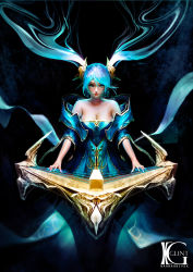 Rule 34 | 1girl, bare shoulders, blue eyes, blue hair, breasts, cleavage, dark background, dress, highres, instrument, kevin glint, league of legends, looking at viewer, matching hair/eyes, solo, sona (league of legends), strapless, strapless dress, twintails, wide sleeves
