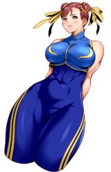 Rule 34 | abs, arms behind back, bare shoulders, blush, brown hair, capcom, chun-li, closed mouth, covered navel, double bun, eyelashes, hair bun, highres, itachou, pink eyes, ribbon, short hair, simple background, street fighter, thigh gap, toned, white background, yellow ribbon