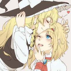 Rule 34 | 2girls, alice margatroid, ascot, blue eyes, blush, bow, brooch, capelet, collared shirt, closed eyes, kissing forehead, grey background, hairband, hand on headwear, hand to own mouth, hat, hat bow, heart, izumi4195202, jewelry, kirisame marisa, kiss, kissing forehead, long sleeves, multiple girls, one eye closed, open mouth, shirt, simple background, sketch, smile, touhou, turtleneck, upper body, vest, witch hat, wrist cuffs, yuri