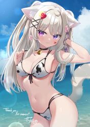 Rule 34 | 1girl, ahoge, animal ears, arm behind head, artist name, averting eyes, bell, bikini, black choker, blue sky, blush, breasts, cat ears, cat tail, choker, cloud, commentary request, commission, cowbell, cowboy shot, crescent, crescent hair ornament, day, flower, front-tie bikini top, front-tie top, hair flower, hair ornament, heart, heart hair ornament, heterochromia, highres, large breasts, long hair, multi-strapped bikini bottom, multi-strapped bikini top, nail polish, navel, neck bell, ocean, outdoors, pink eyes, pink nails, pulling own clothes, purple eyes, sese nagi, sideways glance, signature, skeb commission, sky, smile, solo, stomach, strap pull, swimsuit, tail, thank you, variant set, vrchat, water, white bikini, white hair, x hair ornament