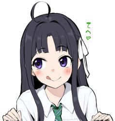 Rule 34 | 1girl, :q, ahoge, awa subaru, black hair, blue eyes, blush, collared shirt, diagonal-striped clothes, diagonal-striped necktie, girls band cry, green necktie, hashtag-only commentary, highres, kirikirimai (kkm), long hair, looking to the side, necktie, shirt, sidelocks, simple background, solo, striped clothes, tongue, tongue out, upper body, white background, white shirt