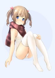 Rule 34 | 1girl, bare arms, bare shoulders, blue background, blue eyes, blush, brown hair, brown scarf, closed mouth, commentary request, fringe trim, full body, hair ribbon, hand on own knee, highres, knees up, looking at viewer, multicolored hair, no shoes, one-piece swimsuit, original, pink ribbon, ribbon, scarf, shibacha, sitting, smile, solo, striped clothes, striped scarf, swimsuit, thighhighs, twintails, two-tone hair, white one-piece swimsuit, white thighhighs