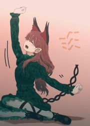 Rule 34 | 1girl, animal ears, black footwear, blunt bangs, cat ears, closed eyes, commentary, dress, extra ears, fang, frilled dress, frills, green dress, hair down, highres, irohasu (sasagarasu), kaenbyou rin, leg strap, long hair, long sleeves, motion lines, multiple tails, nekomata, pointy ears, red hair, red ribbon, ribbon, shoes, skin fang, solo, stretching, tail, touhou, two tails