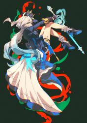 Rule 34 | 1girl, ahoge, black footwear, black gloves, blue bow, blue coat, blue eyes, blue gemstone, blue hair, blue hat, bow, coat, dated commentary, floating, full body, furina (genshin impact), gem, genshin impact, gloves, green background, hat, holding, holding sword, holding weapon, long hair, looking at viewer, low twintails, mm (motot), multicolored hair, shoes, shorts, simple background, socks, solo, streaked hair, sword, top hat, twintails, very long hair, weapon, white hair, white shorts, white socks