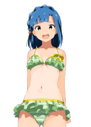 Rule 34 | 1girl, absurdres, arms behind back, bare shoulders, bikini, blue hair, blush, bow, braid, breasts, collarbone, cowboy shot, dress bow, green bikini, hair bow, hair ribbon, highres, idolmaster, idolmaster million live!, idolmaster million live! theater days, looking at viewer, medium breasts, nanao yuriko, open mouth, rauto, red ribbon, ribbon, short hair, simple background, smile, solo, standing, striped bikini, striped clothes, sweatdrop, swimsuit, tan, tanline, teeth, upper teeth only, white background, yellow bow, yellow eyes