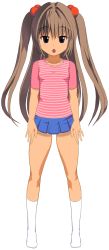 Rule 34 | 1girl, brown hair, collarbone, flat chest, full body, hair ornament, highres, long hair, microskirt, open mouth, otaku to musume-san, pleated skirt, purple eyes, shirt, short sleeves, simple background, skirt, socks, standing, striped clothes, striped shirt, tan, twintails, white background, white legwear, yone kinji