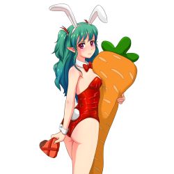 Rule 34 | 1girl, animal ears, aqua hair, ass, bare legs, bare shoulders, blush, body pillow, bow, bowtie, box, breasts, candy, carrot, carrot-shaped pillow, chocolate, chocolate heart, closed mouth, commentary, detached collar, eating, elf, english commentary, fake animal ears, female focus, food, hairband, heart, highres, holding, holding chocolate, holding food, huyase, legs, leotard, long hair, looking at viewer, looking back, medium breasts, neck, pillow, pink eyes, playboy bunny, pointy ears, rabbit ears, rabbit tail, red bow, red bowtie, red leotard, serious, shiny skin, simple background, solo, standing, strapless, strapless leotard, tail, two side up, valentine, white background, white bunny ears, wrist cuffs