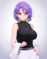 Rule 34 | 1girl, aged up, belt, black belt, blonde hair, breasts, bright pupils, colored tips, crescent, crescent earrings, earrings, fian f.n, grey background, highres, hololive, hololive indonesia, jewelry, looking at viewer, medium breasts, medium hair, moona hoshinova, multicolored hair, nail polish, necklace, pants, purple eyes, purple hair, purple nails, ribbed sweater, single earring, solo, sweater, sweater tucked in, virtual youtuber, white pants, white pupils