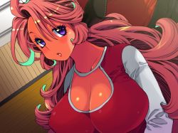 Rule 34 | 1girl, asymmetrical bangs, blush, breast focus, breasts, cleavage, cleavage cutout, close-up, clothing cutout, curly hair, eroe, hair ribbon, huge breasts, indoors, leotard, long hair, looking at viewer, nose, nose blush, parted lips, pink hair, purple eyes, ribbon, solo focus, standing, upper body, very long hair, wavy hair