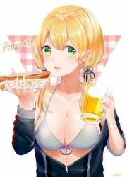 Rule 34 | 10s, 1girl, anchor hair ornament, bad id, bad pixiv id, beer mug, blonde hair, blue bra, blush, bra, breasts, character name, cleavage, collarbone, cup, drinking glass, food, green eyes, hair ornament, highres, holding, holding cup, holding drinking glass, holding food, hot dog, kantai collection, large breasts, long hair, long sleeves, mug, niko (aiai03012), open clothes, open mouth, prinz eugen (kancolle), simple background, solo, twintails, twitter username, underwear, upper body, white background, zipper