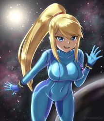 Rule 34 | 1girl, :d, blonde hair, blue bodysuit, blue eyes, bodysuit, breasts, canadiananiguy, commentary, covered navel, cowboy shot, english commentary, highres, large breasts, leaning forward, long hair, looking at viewer, metroid, nintendo, open mouth, ponytail, samus aran, sky, smile, solo, space, star (sky), starry sky, taut clothes, waving, zero suit