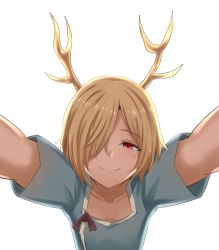 Rule 34 | 1girl, absurdres, blonde hair, closed mouth, dragon horns, hair over one eye, highres, horns, kicchou yachie, looking at viewer, pov, red eyes, short hair, short sleeves, simple background, smile, solo, touhou, white background, wuwusan