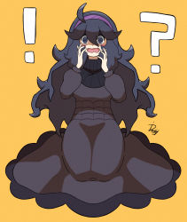 Rule 34 | !, 1girl, ?, @ @, absurdres, ahoge, black hair, blush, commentary request, creatures (company), dress, embarrassed, full body, game freak, hair between eyes, hairband, hands up, hex maniac (pokemon), highres, ida (idalol490), kneeling, long hair, long sleeves, looking at viewer, messy hair, nintendo, open mouth, pokemon, pokemon xy, purple hairband, signature, simple background, solo, surprised, tongue, turtleneck, yellow background