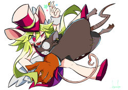 Rule 34 | 1boy, 1girl, animal ears, blush stickers, breasts, gloves, green hair, hat, highres, konako, leotard, mad rat, mad rat dead, mouse (animal), mouse ears, mouse girl, mouse tail, nippon ichi, rat god, red eyes, snapping fingers, stitches, tail, top hat, wings, wrist cuffs