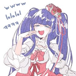 Rule 34 | 1girl, :d, blue eyes, blue hair, blunt bangs, blush, bow, collar, commentary request, corset, dress, fang, flower, frilled collar, frilled shirt collar, frilled sleeves, frills, furudo erika, hair flower, hair ornament, half-closed eyes, hand up, highres, korean text, laughing, long hair, mura konbane, open mouth, pink bow, pink dress, red flower, red ribbon, red rose, ribbon, rose, sidelocks, simple background, skin fang, smile, smug, solo, translation request, twintails, umineko no naku koro ni, underbust, v-shaped eyebrows, very long hair, white background, white dress