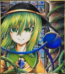 Rule 34 | 1girl, 283win, :d, absurdres, acrylic paint (medium), black hat, commentary request, green eyes, green hair, hair between eyes, hat, hat ribbon, highres, komeiji koishi, looking at viewer, medium hair, open mouth, painting (medium), photo (medium), ribbon, shikishi, smile, solo, third eye, thorns, touhou, traditional media, upper body, yellow ribbon