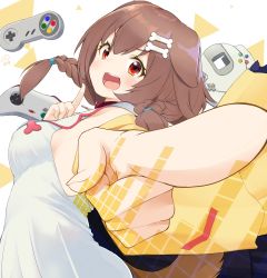 Rule 34 | 1girl, animal ears, blush, bone hair ornament, braid, breasts, brown hair, commentary request, controller, dog ears, dog girl, foreshortening, from side, game console, game controller, hair ornament, highres, hololive, inugami korone, inugami korone (1st costume), long hair, looking at viewer, medium breasts, nejime, open mouth, pointing, pointing at viewer, red eyes, sega dreamcast, solo, super famicom gamepad, twin braids, upper body, virtual youtuber