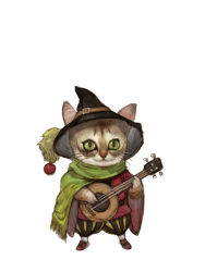 Rule 34 | animal, animal ears, animal focus, black hat, capelet, cat, cat ears, green capelet, hat, holding, holding instrument, instrument, looking at viewer, music, no humans, original, playing instrument, puffy pants, red shirt, shirt, simple background, solo, standing, tahra, white background, wizard hat
