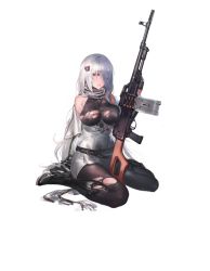 Rule 34 | 1girl, ammunition, ammunition belt, bare shoulders, bear hair ornament, belt, between breasts, blazer, blush, boots, breast press, breasts, covered erect nipples, dress, eyebrows, full body, girls&#039; frontline, gun, hair between eyes, hair ornament, hair over one eye, high heel boots, high heels, highres, holding, holding gun, holding weapon, impossible clothes, jacket, kishiyo, large breasts, leotard, long hair, looking at viewer, machine gun, magazine (weapon), necktie, necktie between breasts, no bra, nose, official art, pantyhose, parted lips, personification, pink eyes, pk (girls&#039; frontline), pk machine gun, pleated dress, red eyes, scarf, short dress, sitting, solo, strap, thigh boots, thighhighs, torn clothes, torn legwear, transparent background, very long hair, weapon, white hair, white scarf