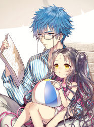 Rule 34 | 1boy, 1girl, ball, beachball, blue eyes, blue hair, blush, bracelet, brown hair, commentary request, double bun, eyewear strap, facial mark, fate/grand order, fate (series), forehead mark, glasses, hair bun, hans christian andersen (adult) (fate), hans christian andersen (fate), holding, jewelry, kamui natsuki, knees together feet apart, legs together, long hair, long sleeves, open mouth, parted lips, sessyoin kiara, sessyoin kiara (lily), sessyoin kiara (swimsuit mooncancer), size difference, strap slip, teeth, very long hair, yellow eyes