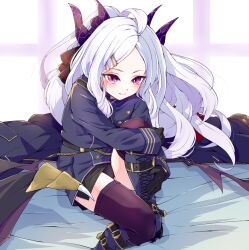 Rule 34 | 1girl, black coat, black footwear, black gloves, black horns, black thighhighs, blue archive, blush, boots, buttons, closed mouth, coat, demon horns, demon wings, double-breasted, gloves, grey hair, highres, hina (blue archive), horns, knee boots, long hair, long sleeves, mosuke1221, multiple horns, parted bangs, purple eyes, smile, solo, thighhighs, very long hair, wings