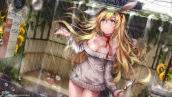 Rule 34 | 1girl, 1other, animal ears, artist name, bare shoulders, blonde hair, blue eyes, blush, breasts, bus stop, candy, candy cane, cleavage, closed mouth, collarbone, commission, food, highres, kyjsogom, large breasts, long hair, looking away, looking up, off shoulder, original, pixiv username, rabbit ears, rain, solo, sweater, water drop