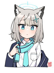 Rule 34 | 1girl, adjusting scarf, animal ear fluff, animal ears, blazer, blue archive, blue jacket, blue necktie, blue scarf, breast pocket, closed mouth, collared shirt, cross hair ornament, expressionless, grey hair, hair ornament, halo, jacket, junsuina fujunbutsu, light blush, looking at viewer, medium hair, mismatched pupils, necktie, open clothes, open jacket, pocket, scarf, school uniform, shiroko (blue archive), shirt, simple background, solo, striped clothes, striped scarf, upper body, white background, white shirt, wolf ears
