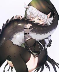 Rule 34 | 1girl, ahoge, arknights, bad id, bad pixiv id, black thighhighs, commentary, crocodilian tail, dai nikucho, fingerless gloves, gloves, highres, holding tail, hood, jacket, large tail, long sleeves, looking at viewer, pointy ears, silver hair, simple background, sitting, solo, tail, thighhighs, thighs, tomimi (arknights), torn clothes, torn thighhighs, white background, yellow eyes