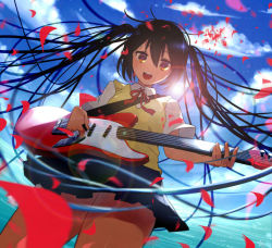 Rule 34 | 1girl, bad id, bad pixiv id, black hair, blurry, brown eyes, cloud, day, depth of field, electric guitar, from below, guitar, instrument, k-on!, lens flare, long hair, mocco, nakano azusa, open mouth, petals, pleated skirt, plectrum, round teeth, school uniform, skirt, solo, sweater vest, teeth, twintails