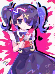 Rule 34 | 1girl, ame-chan (needy girl overdose), black eyes, black hair, black ribbon, black skirt, blood, blood splatter, bloody weapon, blush stickers, chromatic aberration, collared shirt, cowboy shot, hair ornament, hair over one eye, hand up, highres, holding, holding knife, knife, long hair, looking at viewer, neck ribbon, needy girl overdose, pink blood, red shirt, ribbon, shirt, signature, skirt, solo, standing, sushiuma m, suspender skirt, suspenders, twintails, weapon, x hair ornament