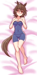 Rule 34 | 1girl, agnes tachyon (umamusume), ahoge, animal ears, bed sheet, blue one-piece swimsuit, blush, brown hair, closed mouth, commission, cougar (cougar1404), covered navel, dakimakura (medium), from above, frown, horse ears, horse girl, horse tail, knee up, looking at viewer, lying, messy hair, on back, on bed, one-piece swimsuit, red eyes, school swimsuit, short hair, solo, swimsuit, tail, thigh gap, tracen swimsuit, umamusume