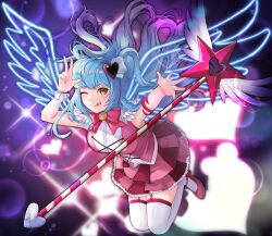 Rule 34 | 1girl, ;q, asdf (rokiru08), blue hair, breasts, garter straps, hair ornament, heart, heart hair ornament, highres, lobotomy corporation, looking at viewer, medium breasts, one eye closed, pink footwear, pink nails, project moon, queen of hatred, smile, solo, staff, star (symbol), thighhighs, tongue, tongue out, two side up, w, white thighhighs, yellow eyes