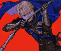 Rule 34 | 1boy, absurdres, armor, black jacket, blonde hair, blood, blue cape, blue eyes, cape, dimitri alexandre blaiddyd, fire emblem, fire emblem: three houses, highres, holding, holding weapon, jacket, nintendo, parted bangs, red background, roru (lol dessin), scabbard, sheath, sheathed, short hair, simple background, solo, standing, sword, upper body, vambraces, weapon