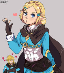 Rule 34 | 1boy, 1girl, black cape, black gloves, blonde hair, blue eyes, braid, breasts, cape, elf, gloves, grin, hair ornament, hairclip, hand up, heart, link, looking at viewer, nintendo, pants, pointy ears, princess zelda, short hair, smile, the legend of zelda, the legend of zelda: breath of the wild, the legend of zelda: tears of the kingdom, triforce