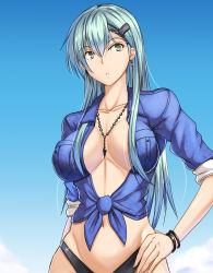 Rule 34 | 1girl, alternate costume, aqua eyes, aqua hair, arm behind back, bangle, bikini, blue shirt, blue sky, blush, bracelet, breast pocket, breasts, cleavage, cloud, day, earrings, fingernails, hair between eyes, hair ornament, hairclip, hand on own hip, highleg, highleg bikini, highres, hip focus, jewelry, kantai collection, large breasts, long fingernails, long hair, looking at viewer, luna (gunfire), necklace, no bra, open clothes, open shirt, outdoors, parted lips, pocket, shirt, skindentation, sky, sleeves rolled up, solo, sparkle, suzuya (kancolle), swimsuit, tied shirt