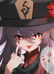 Rule 34 | 1girl, :p, absurdres, black nails, boo tao (genshin impact), brown hair, chinese clothes, commentary request, finger to eye, genshin impact, ghost, hair between eyes, hat, highres, hu tao (genshin impact), index fingers raised, jewelry, long hair, long sleeves, looking at viewer, nail polish, pointing, pointing at self, porkpie hat, qixia, red eyes, ring, sidelocks, simple background, symbol-shaped pupils, tongue, tongue out, turtleneck, twintails, v-shaped eyebrows, wide sleeves