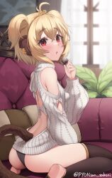 Rule 34 | 1girl, absurdres, andira (granblue fantasy), animal ears, antenna hair, ass, backless outfit, black pantyhose, blonde hair, blurry, blurry background, blush, brown thighhighs, candy, chocolate, chocolate heart, couch, food, granblue fantasy, hairband, heart, highres, holding, holding chocolate, holding food, indoors, long sleeves, looking at viewer, looking back, monkey ears, monkey girl, monkey tail, open mouth, pantyhose, pillow, plant, pyonsan, red eyes, short hair, sidelocks, simple background, sitting, solo, sweater, tail, thighhighs, turtleneck, turtleneck sweater, twitter username, two side up, valentine, wariza, window