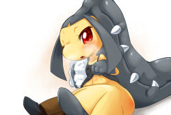 Rule 34 | blush, creatures (company), extra mouth, fangs, game freak, gen 3 pokemon, heavy breathing, mawile, navel, nintendo, no humans, one eye closed, open mouth, pokemon, pokemon (creature), red eyes, shirt, simple background, sitting, solo, towel, ukan muri, wink, wiping sweat