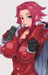Rule 34 | 1girl, absurdres, blue eyes, breasts, clamp, code geass, drinking straw, highres, kouzuki kallen, large breasts, large nipples, muscular, muscular female, red hair, shirabe shiki, short hair, white background