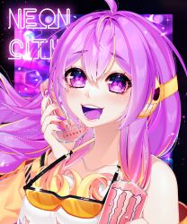 Rule 34 | 1girl, blush, colored tongue, drooling, energy drink, goggles, goggles around neck, highres, holding, indie virtual youtuber, long hair, neon lights, non-web source, orange goggles, purple eyes, purple hair, purple tongue, smile, tank top, virtual youtuber, vividly vivi, white tank top