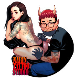 Rule 34 | 1boy, 1girl, arm tattoo, ass, back tattoo, bare shoulders, black gloves, breasts, fangs, gloves, horns, large breasts, long hair, looking at viewer, looking back, mole, mole under eye, original, psychicjin, pursed lips, shoulder tattoo, sideboob, tattoo, thong